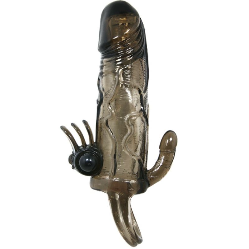 BAILE - BRAVE MAN CAPA PARA PÊNIS COM CLITÓRISMO E ESTIMULAÇÃO ANAL BALA DUPLA PRETA 16,5 CM