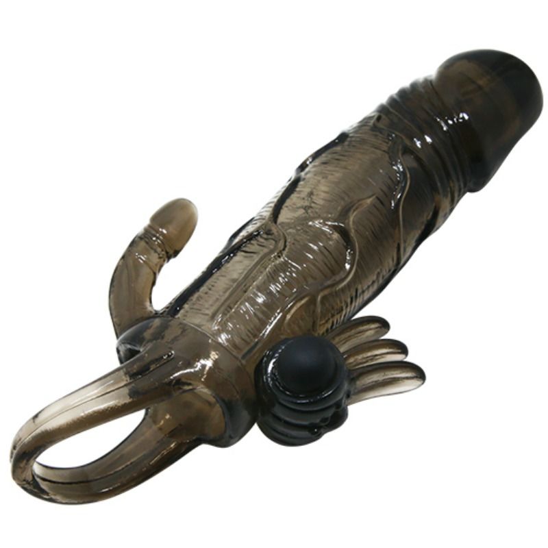 BAILE - BRAVE MAN CAPA PARA PÊNIS COM CLITÓRISMO E ESTIMULAÇÃO ANAL BALA DUPLA PRETA 16,5 CM