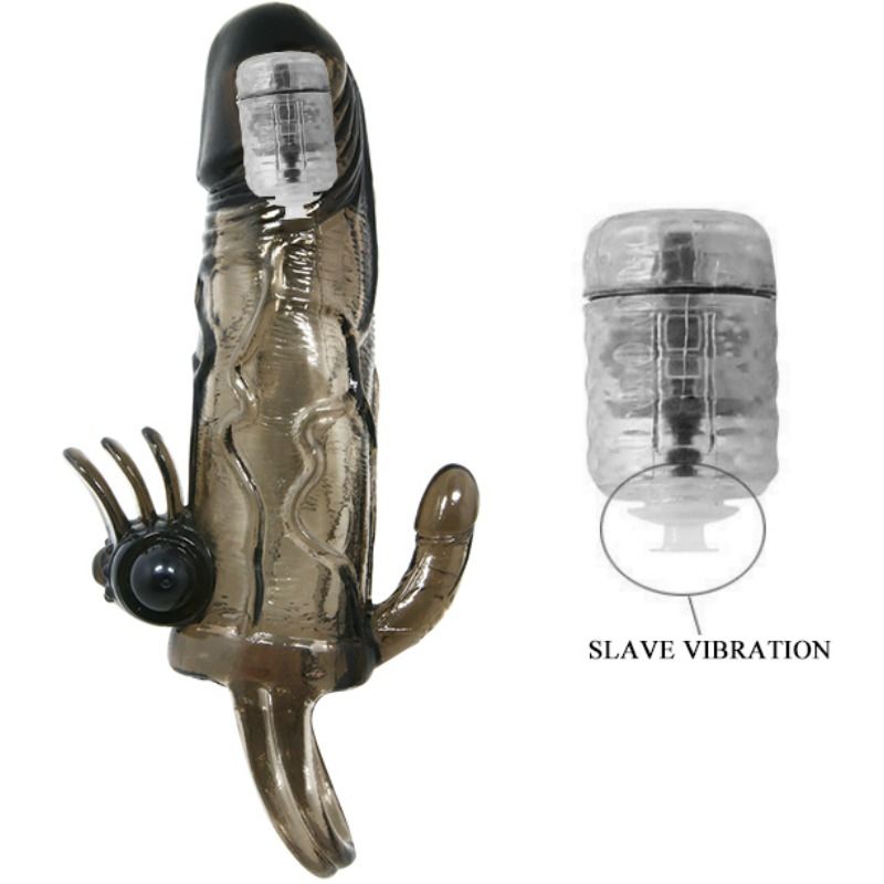 BAILE - BRAVE MAN CAPA PARA PÊNIS COM CLITÓRISMO E ESTIMULAÇÃO ANAL BALA DUPLA PRETA 16,5 CM