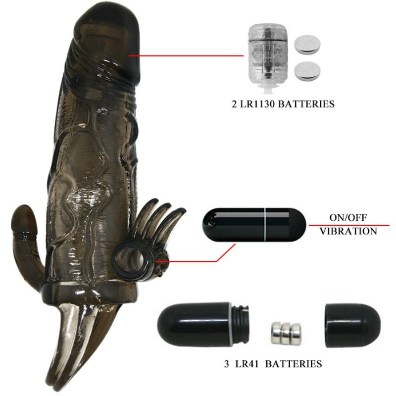 BAILE - BRAVE MAN CAPA PARA PÊNIS COM CLITÓRISMO E ESTIMULAÇÃO ANAL BALA DUPLA PRETA 16,5 CM