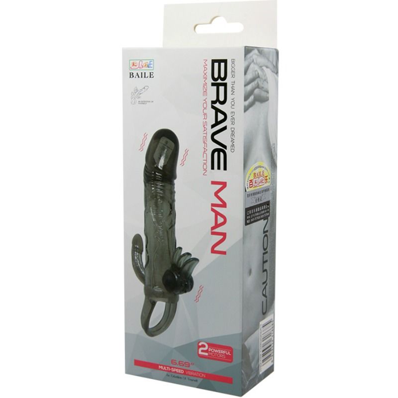 BAILE - BRAVE MAN CAPA PARA PÊNIS COM CLITÓRISMO E ESTIMULAÇÃO ANAL BALA DUPLA PRETA 16,5 CM